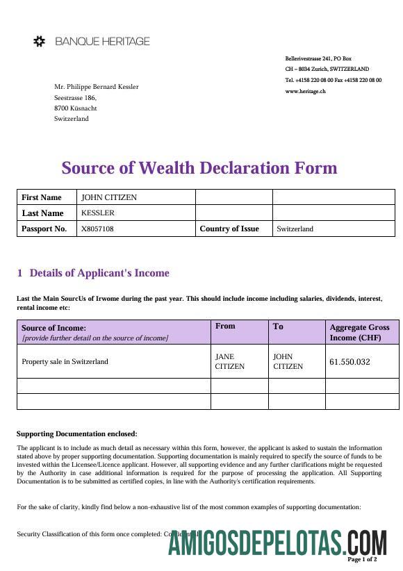 Banco do Patrimônio da Declaração da Fonte de Riqueza da Suíça exemplo